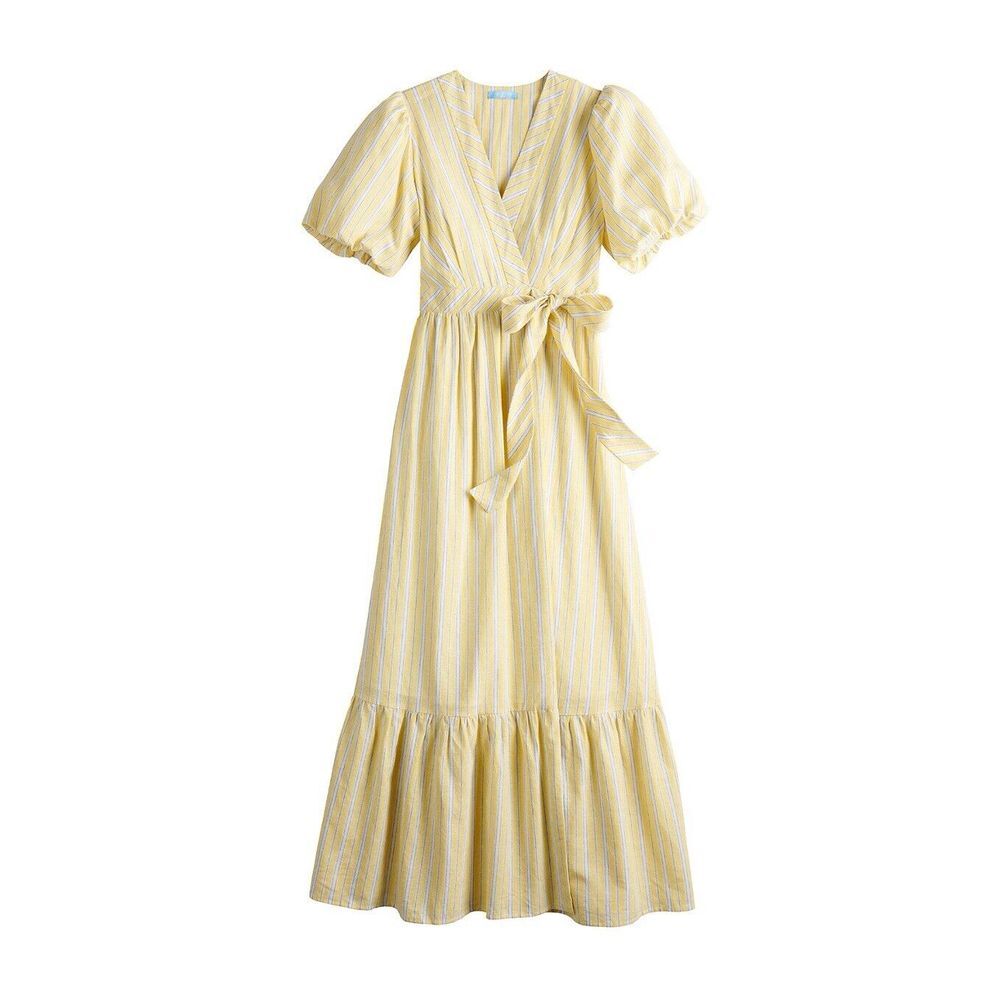Draper James RSVP Yellow Striped Wrap Maxi Dress Puff Sleeve Cotton Linen Summer